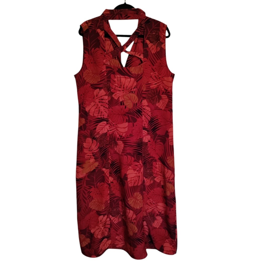 Vintage R&K Tropical Dress Red Sleeveless midi Button Front Size 18